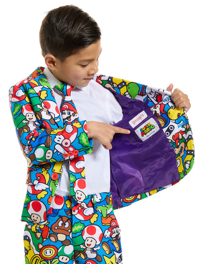 Détail de la doublure et de l'étiquette intérieure du costume Mr. Super Mario