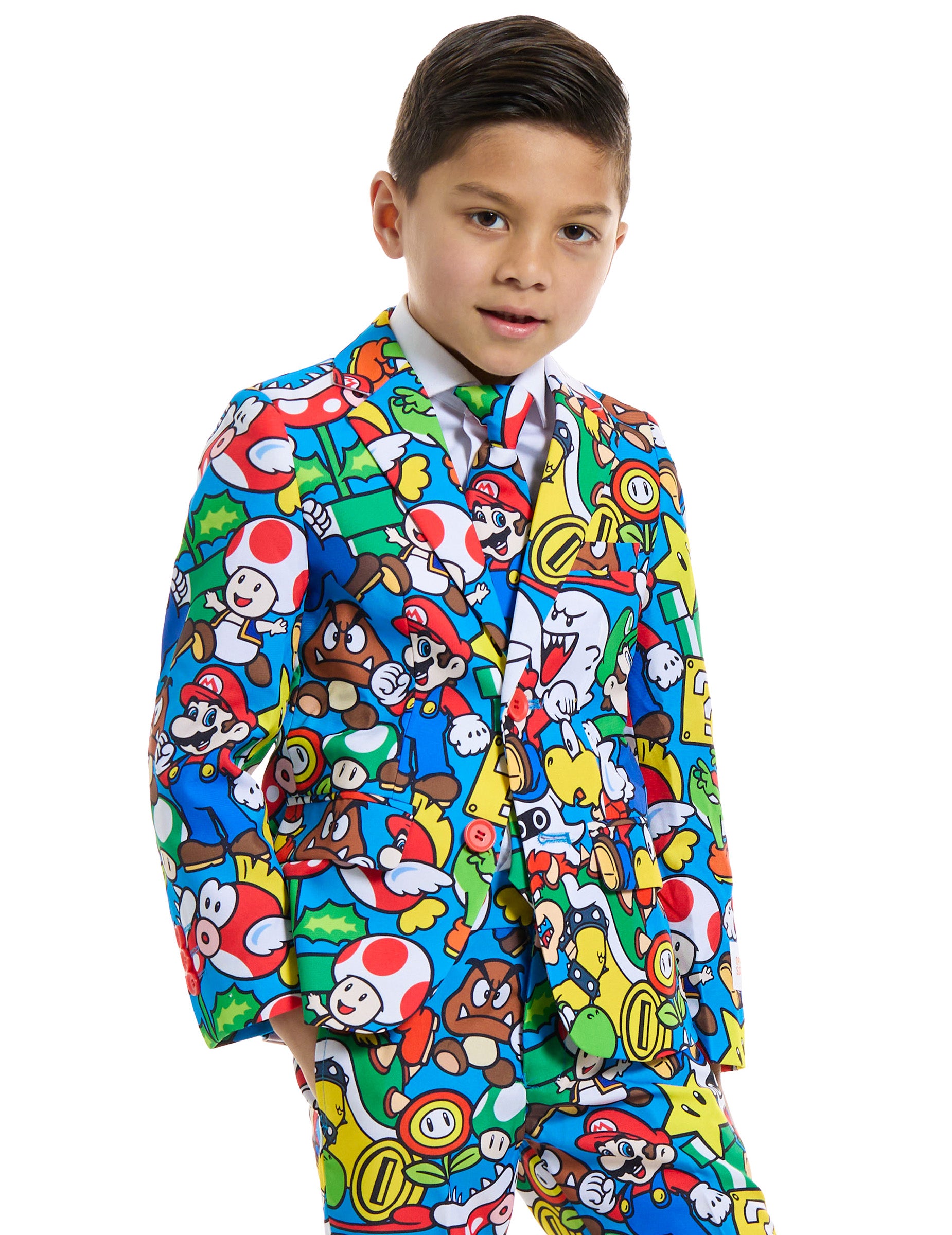 Gros plan sur le buste du costume Mr. Super Mario pour enfant