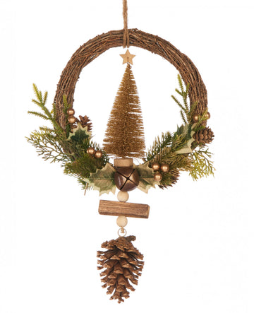 Zlatý jedlový závěsný věnec 39 cm a šišky
