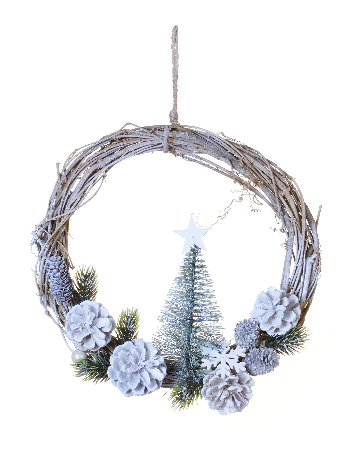 Couronne à suspendre sapin et pommes de pin givrées naturelle et polaire