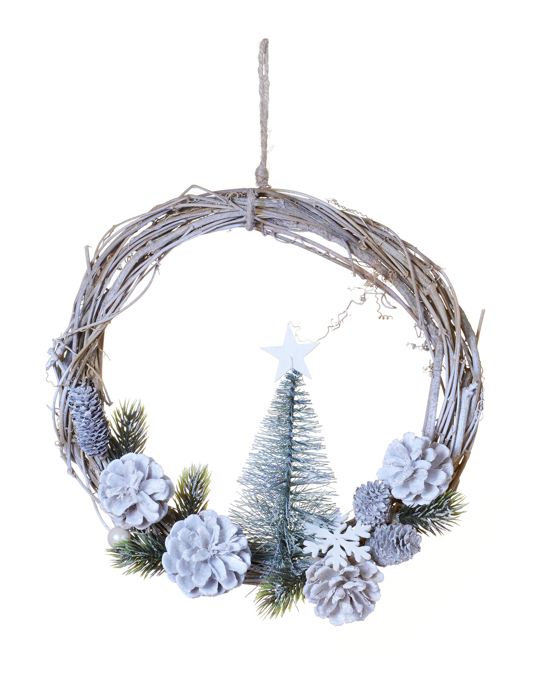 Couronne à suspendre sapin et pommes de pin givrées naturelle et polaire