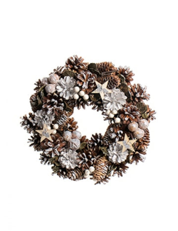 Vánoční věnec zasněžené šišky 30 cm s bobulemi a hvězdami