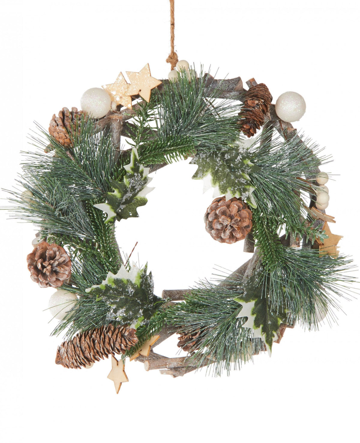 Couronne de sapin naturelle avec pommes de pin boules blanches et étoiles