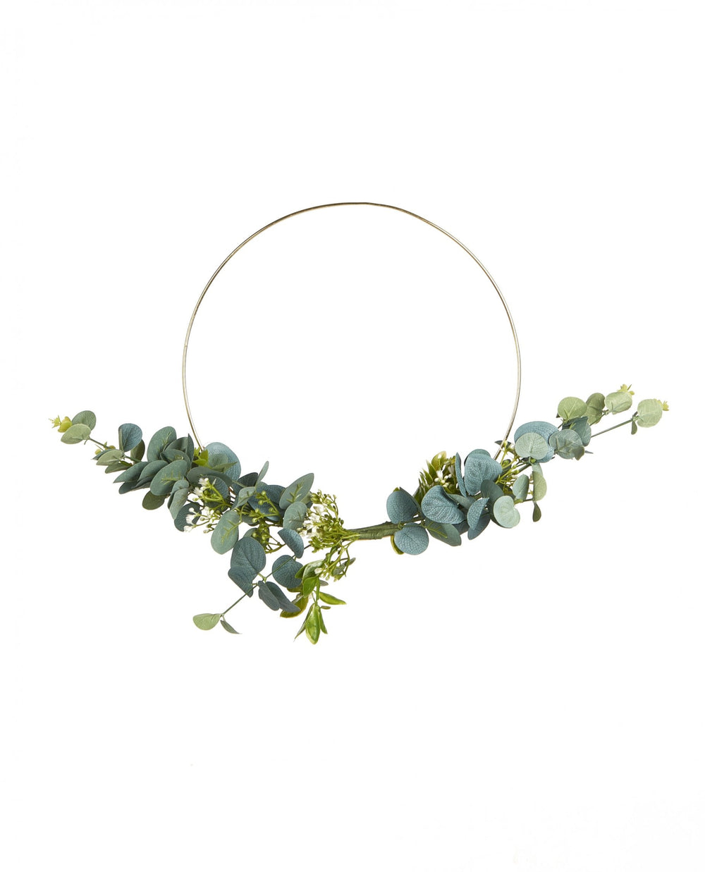 Couronne en métal d'eucalyptus et fleurs blanches pour décoration cercle or