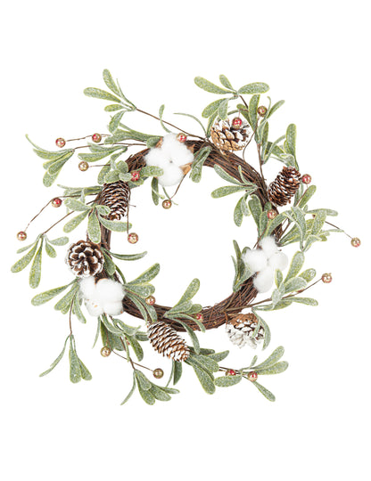 Couronne végétale fleurs de coton et pommes de pin pour décoration verte et blanche givrée