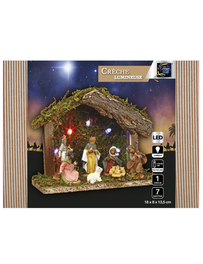 Vue du packaging avec informations techniques de la crèche lumineuse 7 santons