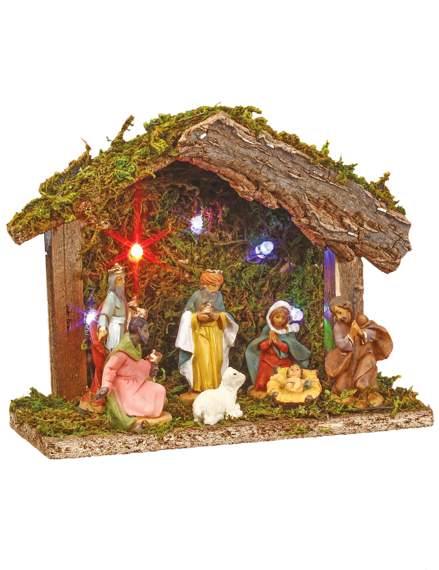 Crèche lumineuse 7 santons pour décoration avec 5 LED multicolores