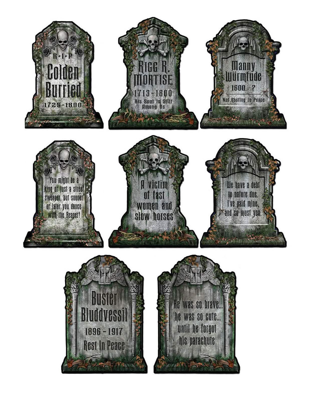 kartonové náhrobní dekorace na halloween v šedé barvě s lebkami a mechem