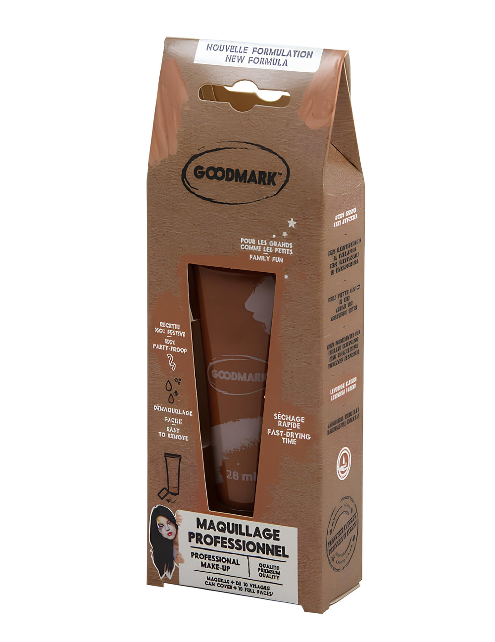 Vue de trois-quarts de l'emballage de la crème de maquillage à l'eau professionnel marron