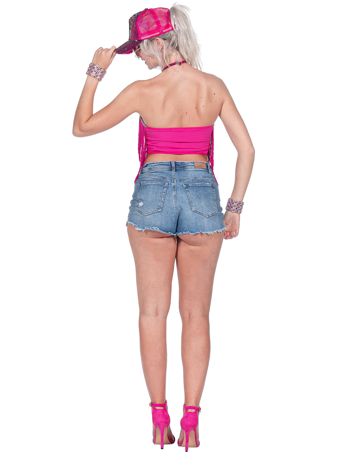 Růžový festivalový crop top s třásněmi pro ženy