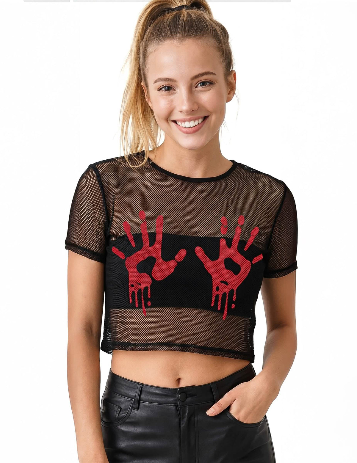 Černý síťovaný crop top s krvavými rukama pro dospělé