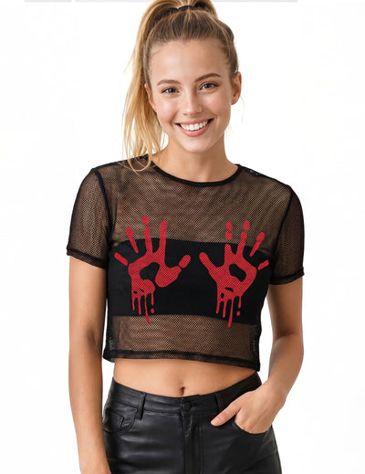 Černý síťovaný crop top s krvavými rukama pro dospělé