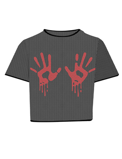 Černý síťovaný crop top s krvavými rukama pro dospělé
