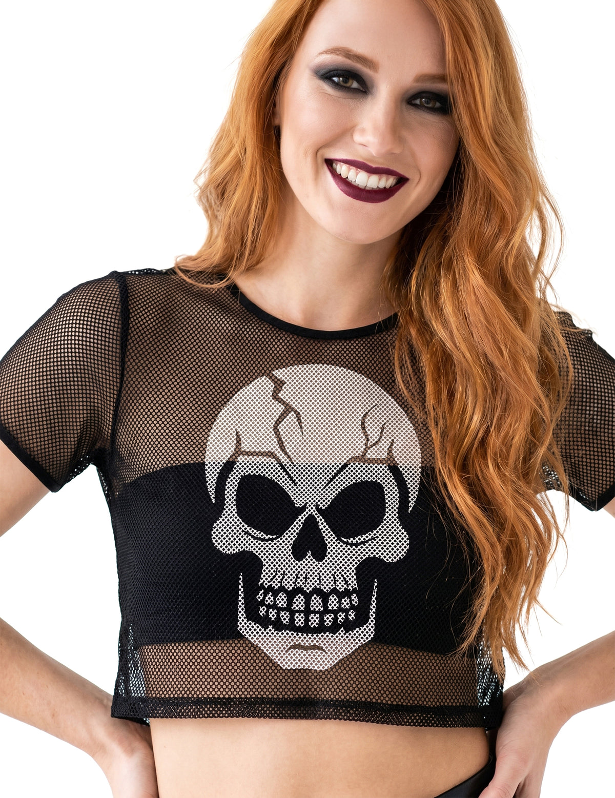 Černý síťovaný crop top s lebkou pro dospělé