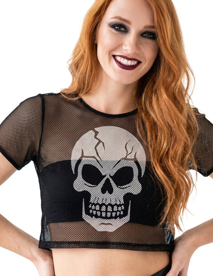 Černý síťovaný crop top s lebkou pro dospělé