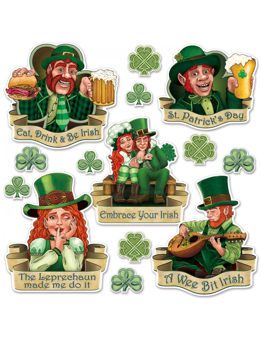Kartonové výřezy svatý patrik pro dekoraci párty zelená s ilustracemi leprechaunů