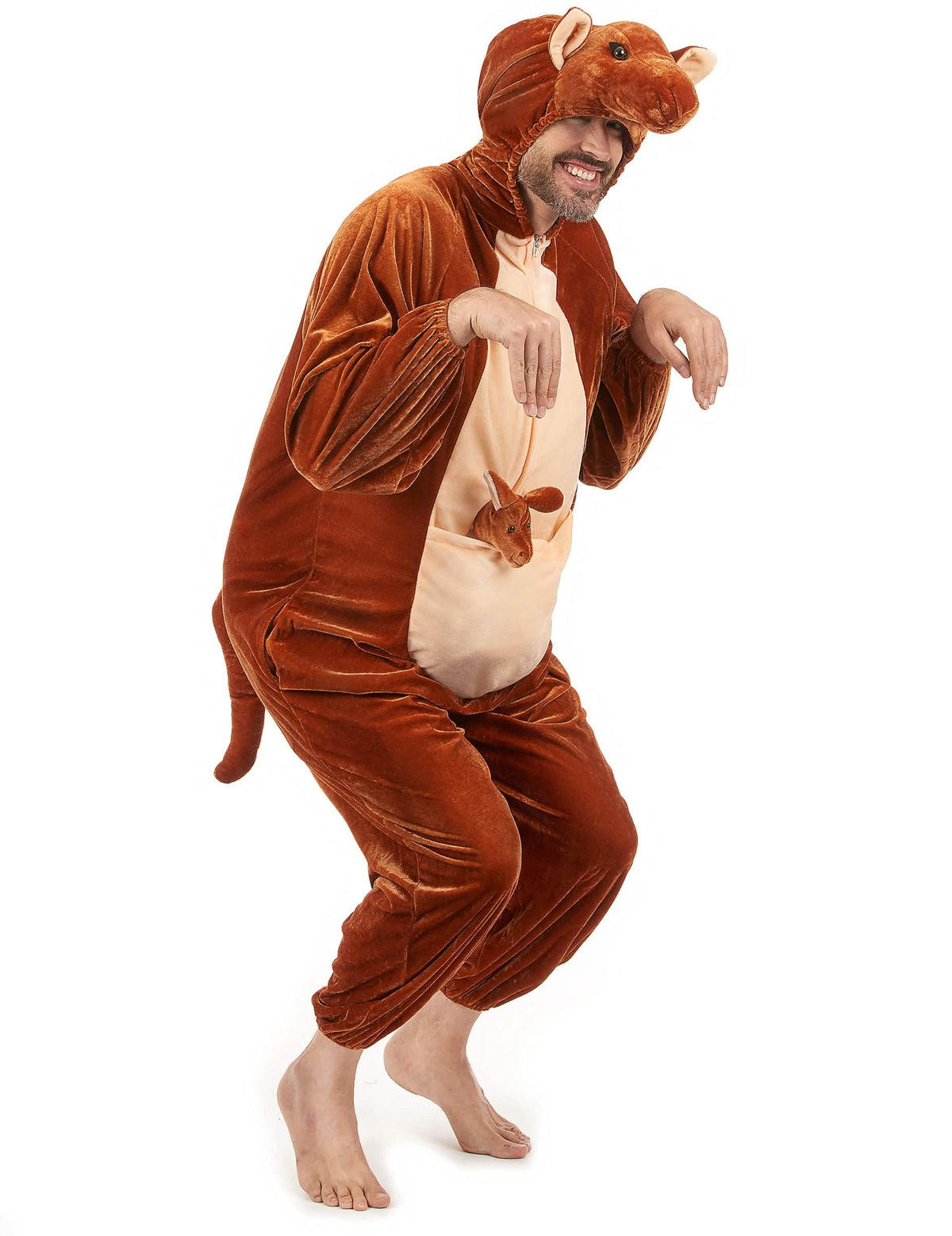 Pohled ze tří čtvrtin zepředu na kostým klokana pro dospělého