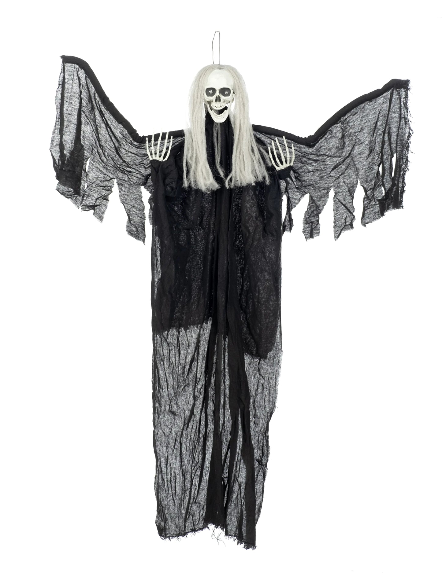 Vue d'ensemble avec ailes déployées de la décoration à suspendre ange noir de la mort