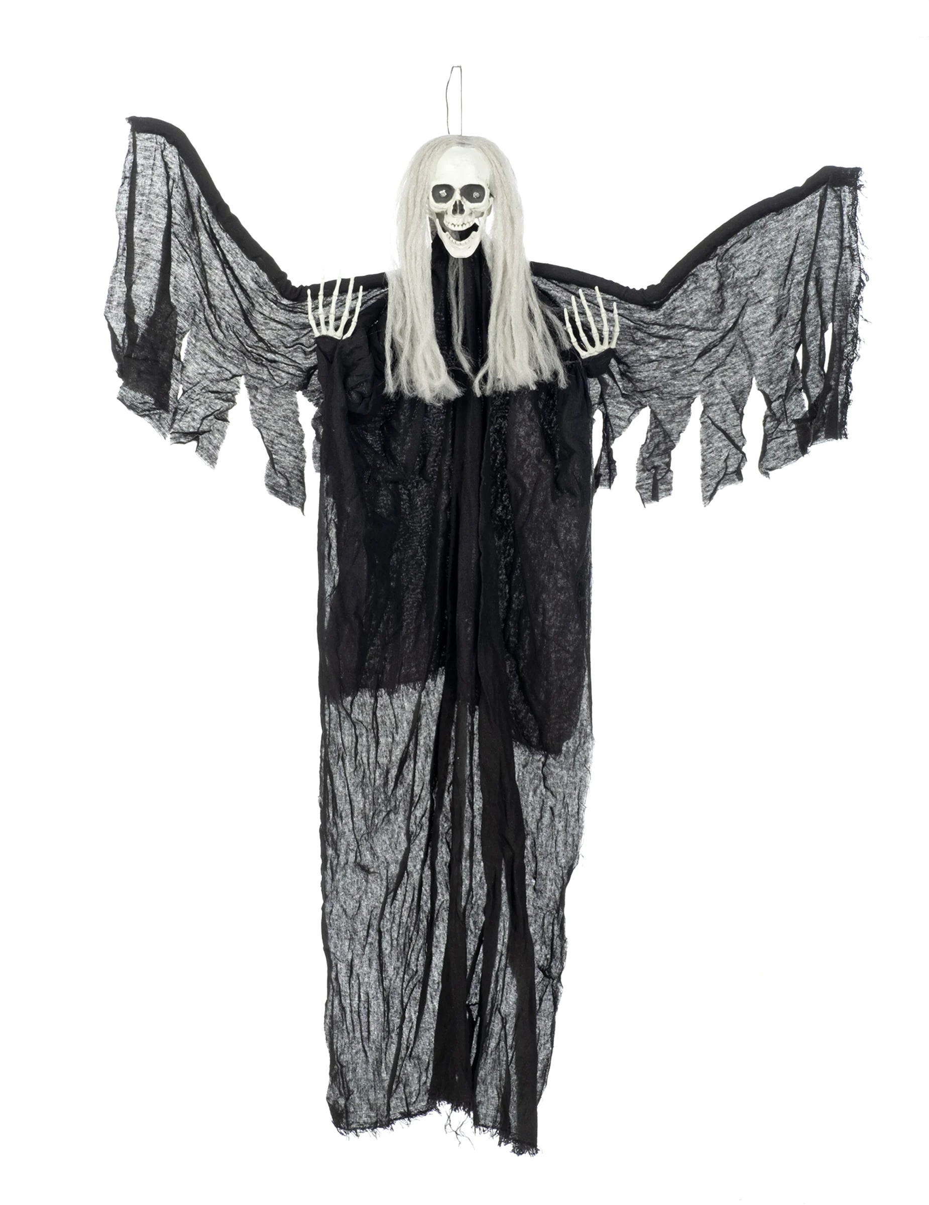 Vue d'ensemble avec ailes déployées de la décoration à suspendre ange noir de la mort