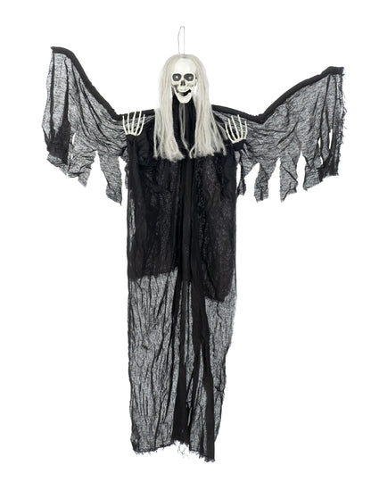 Vue d'ensemble avec ailes déployées de la décoration à suspendre ange noir de la mort