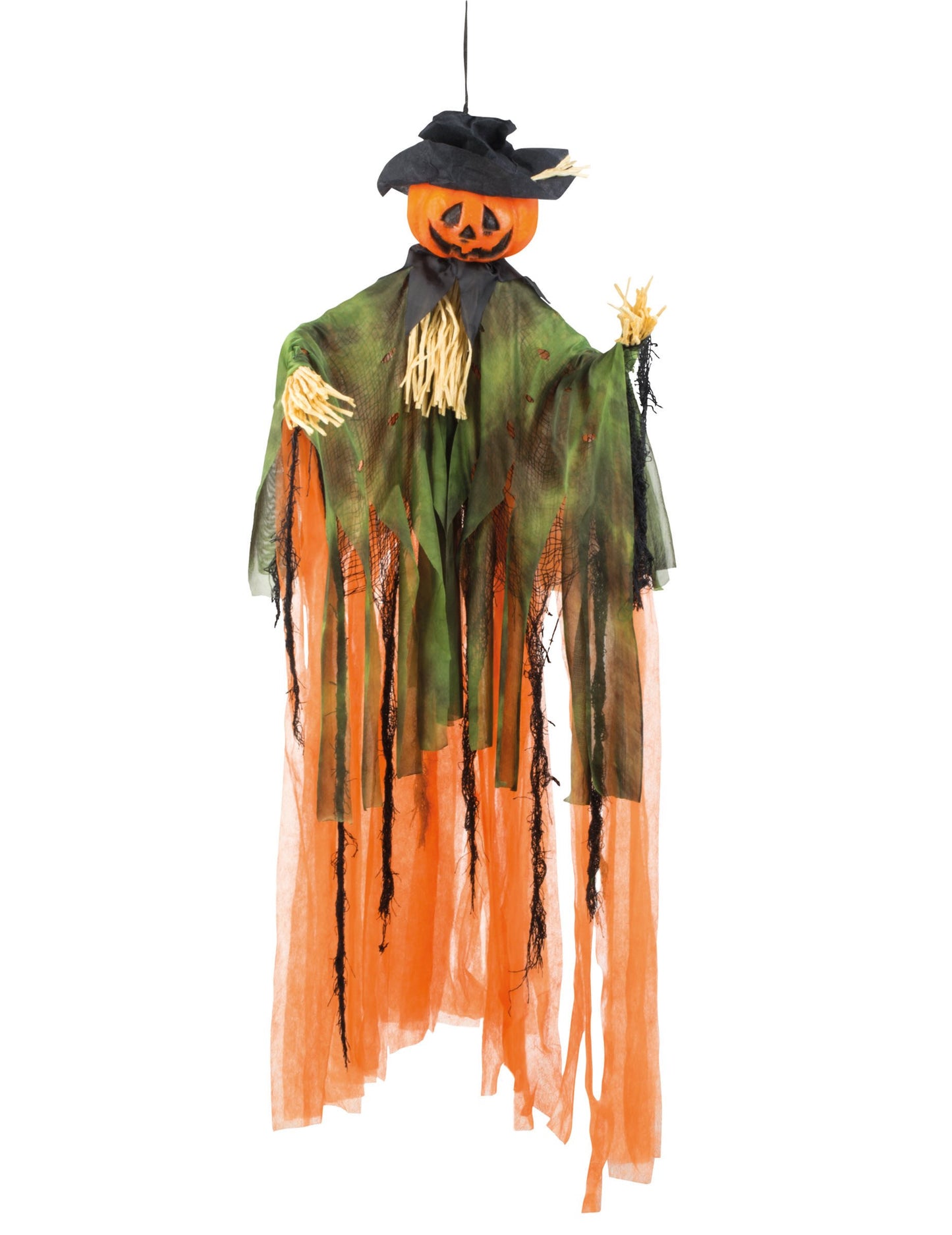 Décoration à suspendre épouvantail citrouille pour Halloween orange et verte avec chapeau noir