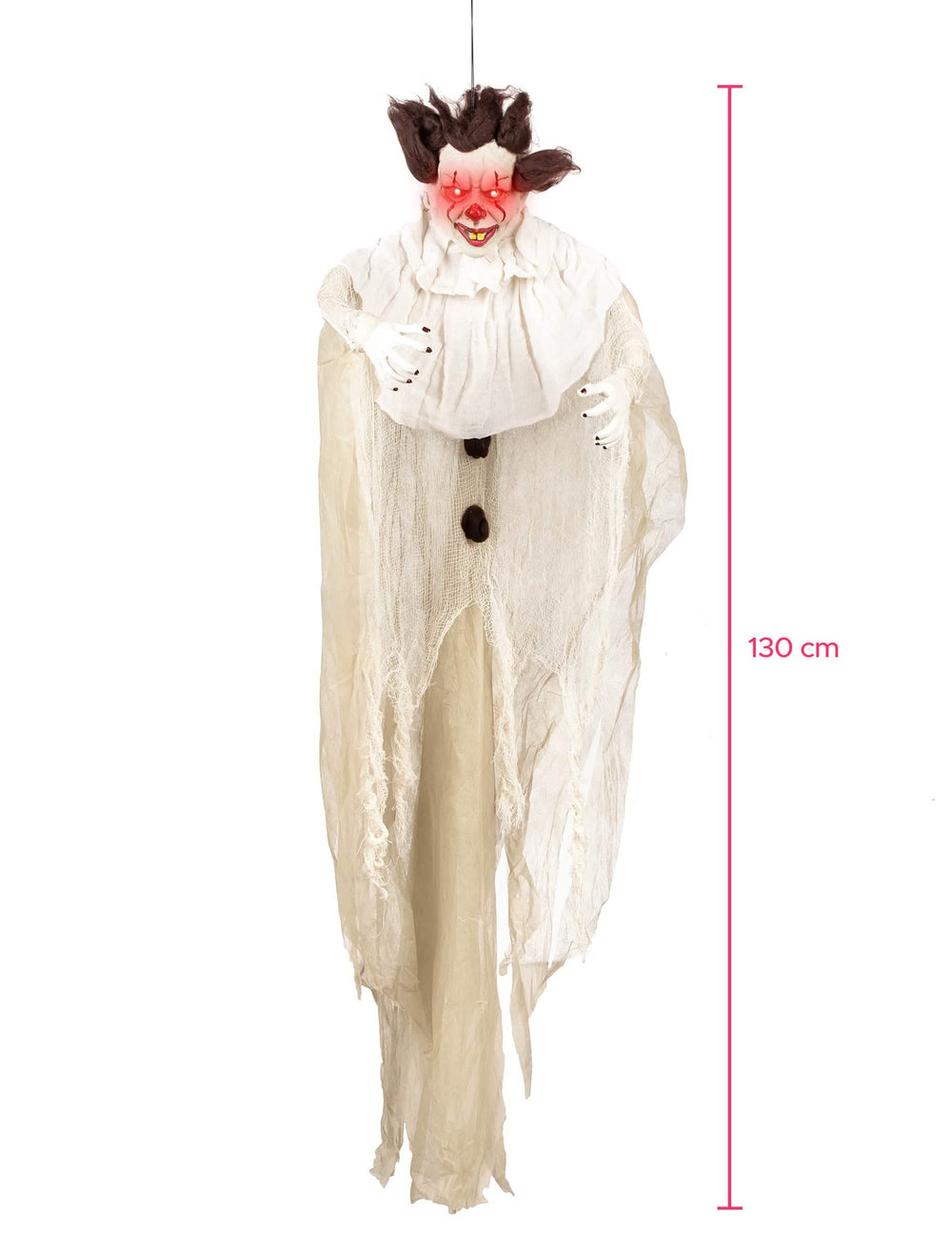 Závěsná dekorace vrah klaun pro halloween bílá s červenýma svítícíma očima