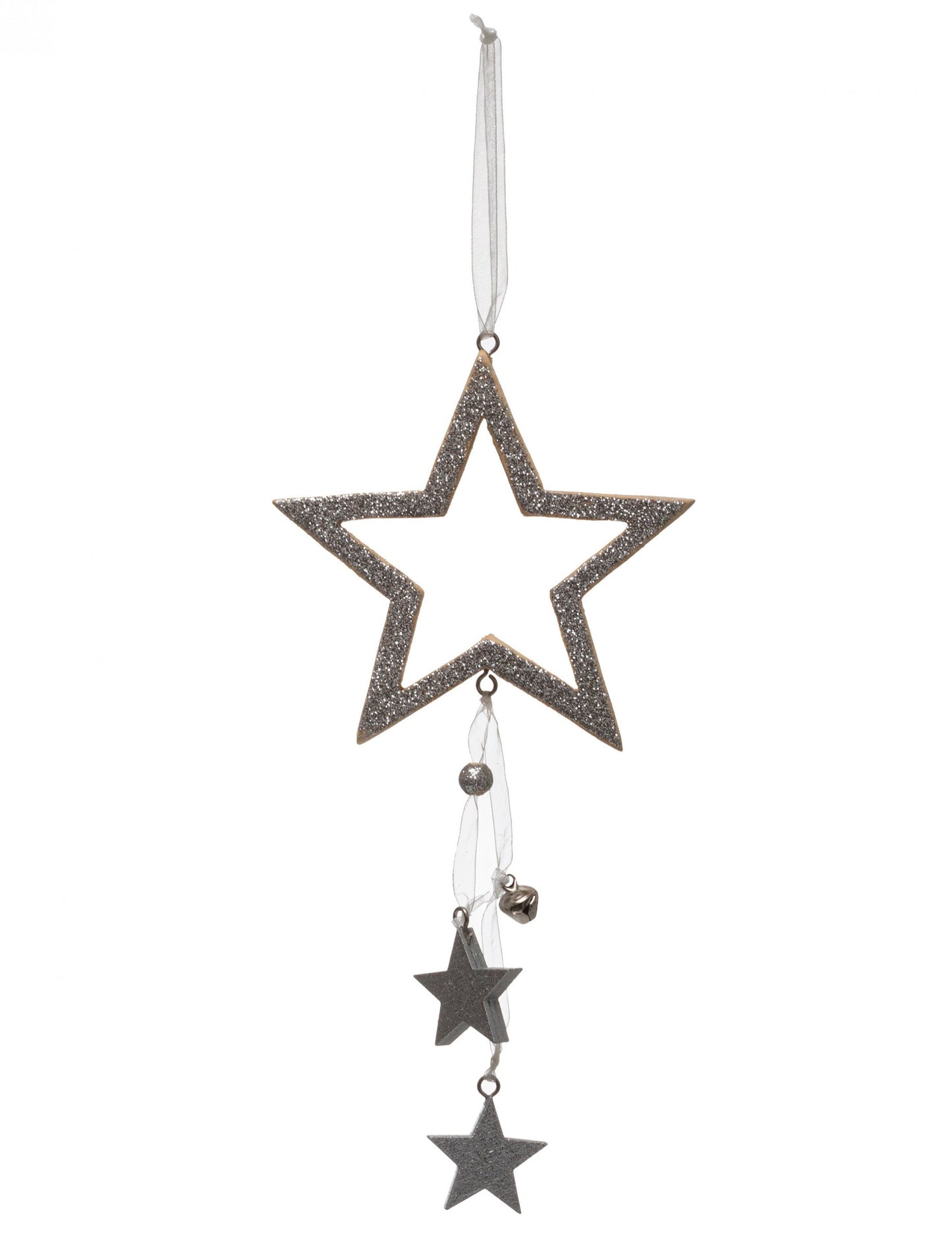 Stříbrná hvězda závěsná dekorace 24 cm s flitry a rolničkami