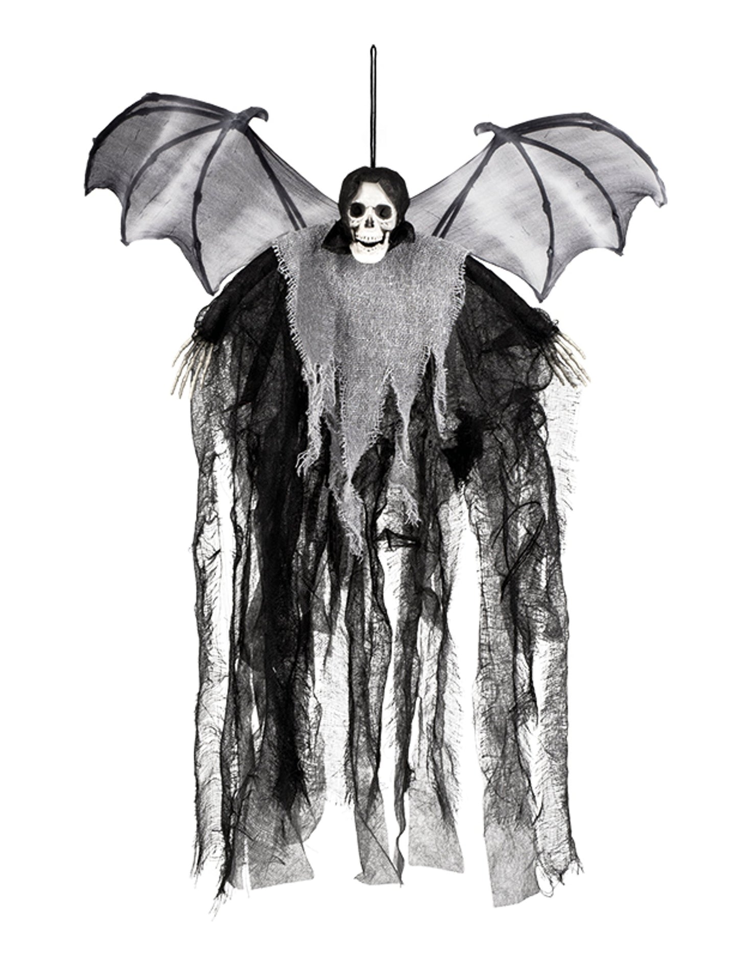 Décoration à suspendre faucheuse chauve-souris pour Halloween noire et grise avec ailes et voilage