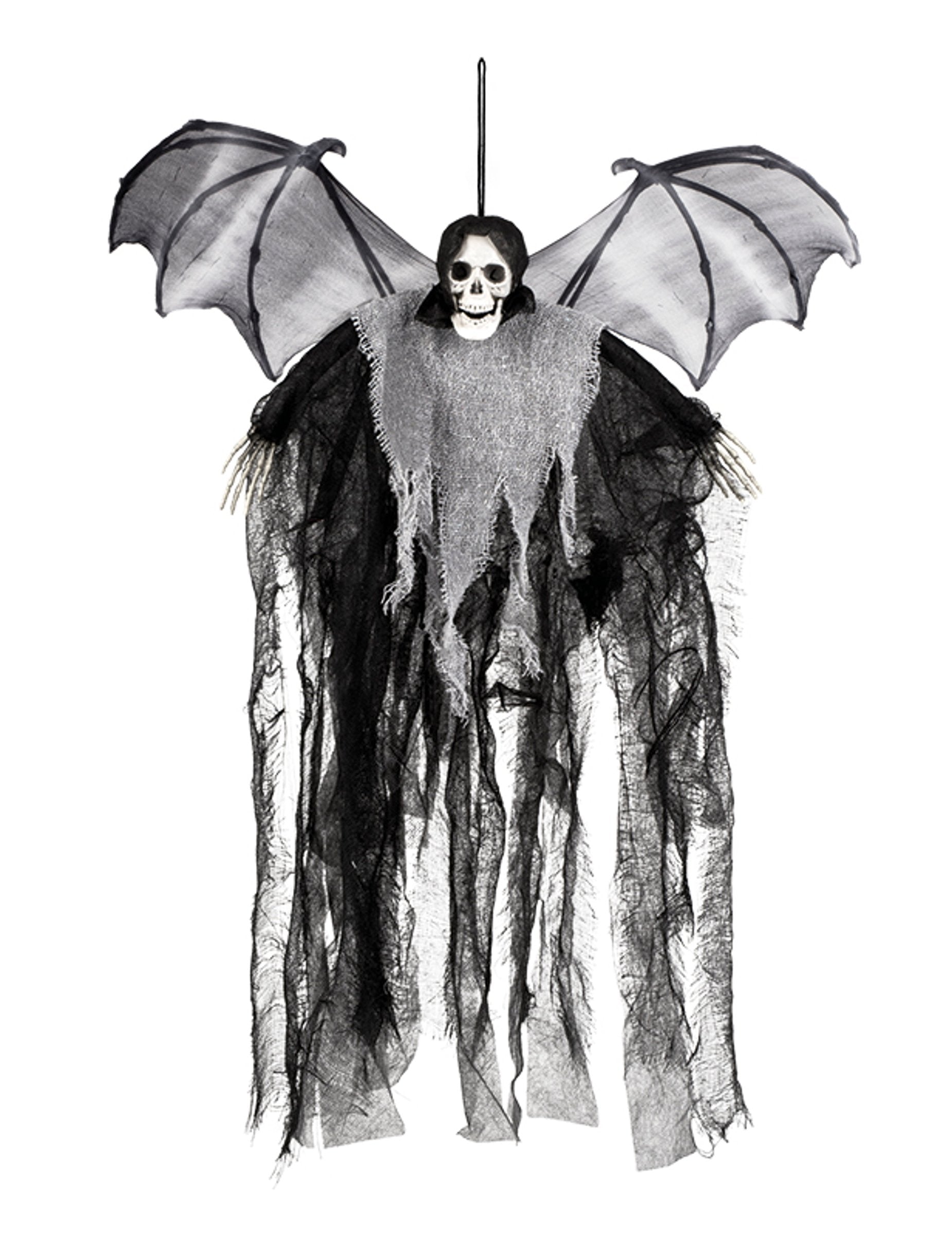 Décoration à suspendre faucheuse chauve-souris pour Halloween noire et grise avec ailes et voilage
