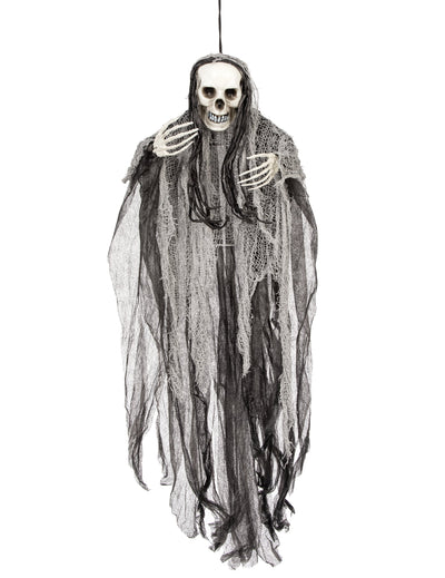 Décoration à suspendre faucheuse Halloween noir et gris avec longs voiles et cheveux