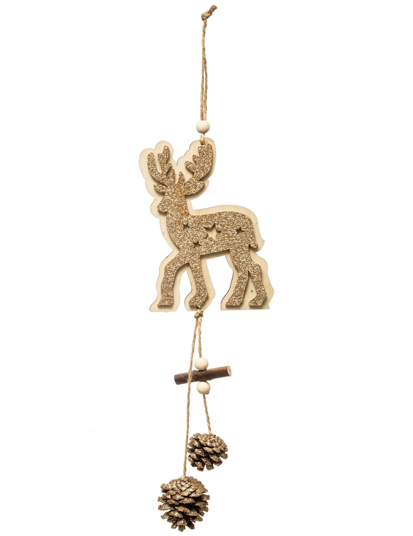 Zlaté sobí závěsné dekorace ve dřevě a šiškách 35 cm