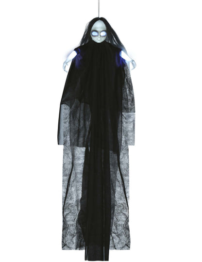 Závěsná dekorace strašidelná panenka světlo a zvuk 130 cm