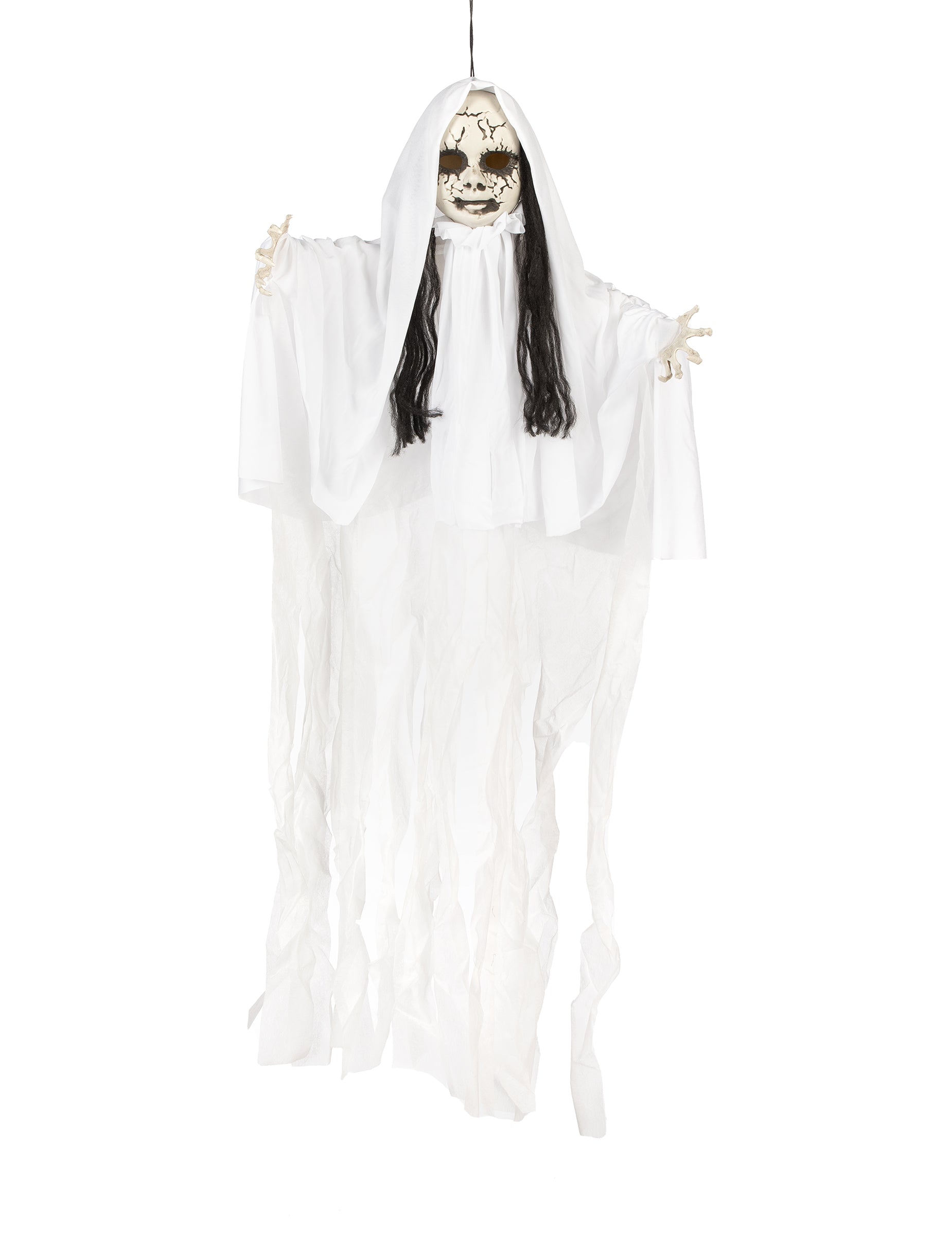 Décoration à suspendre poupée fantôme lumineuse blanche avec longs cheveux noirs et visage craquelé