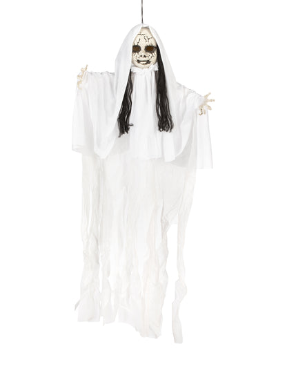 Décoration à suspendre poupée fantôme lumineuse blanche avec longs cheveux noirs et visage craquelé