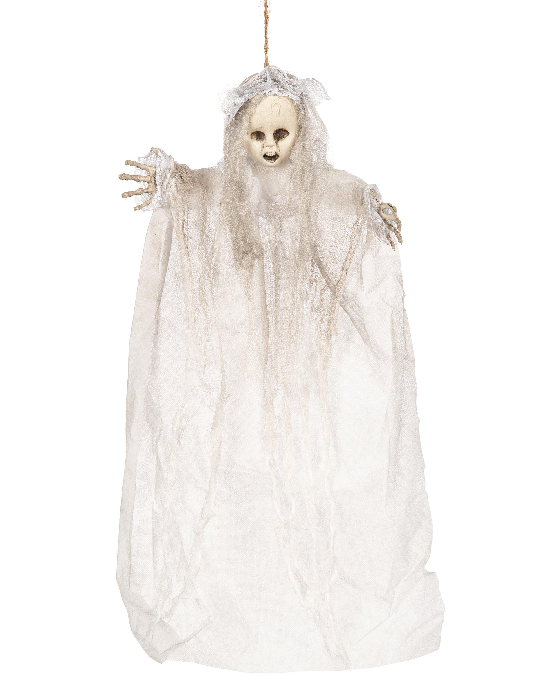 Décoration à suspendre poupon fantôme pour Halloween blanche avec dentelle et voilage