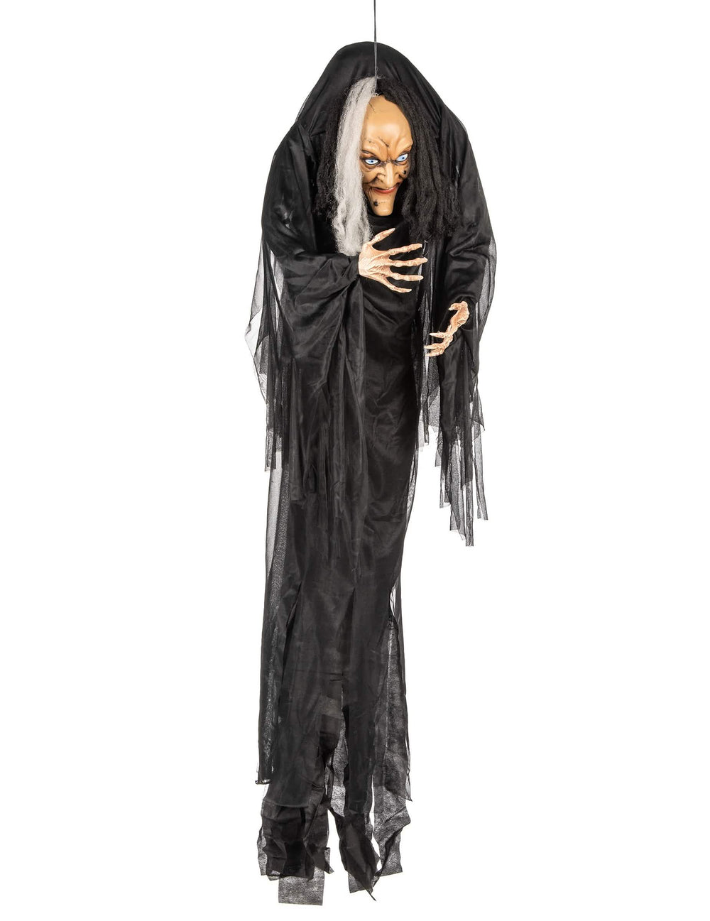Pohled zepředu na černobílou závěsnou dekoraci čarodějnice pro halloween