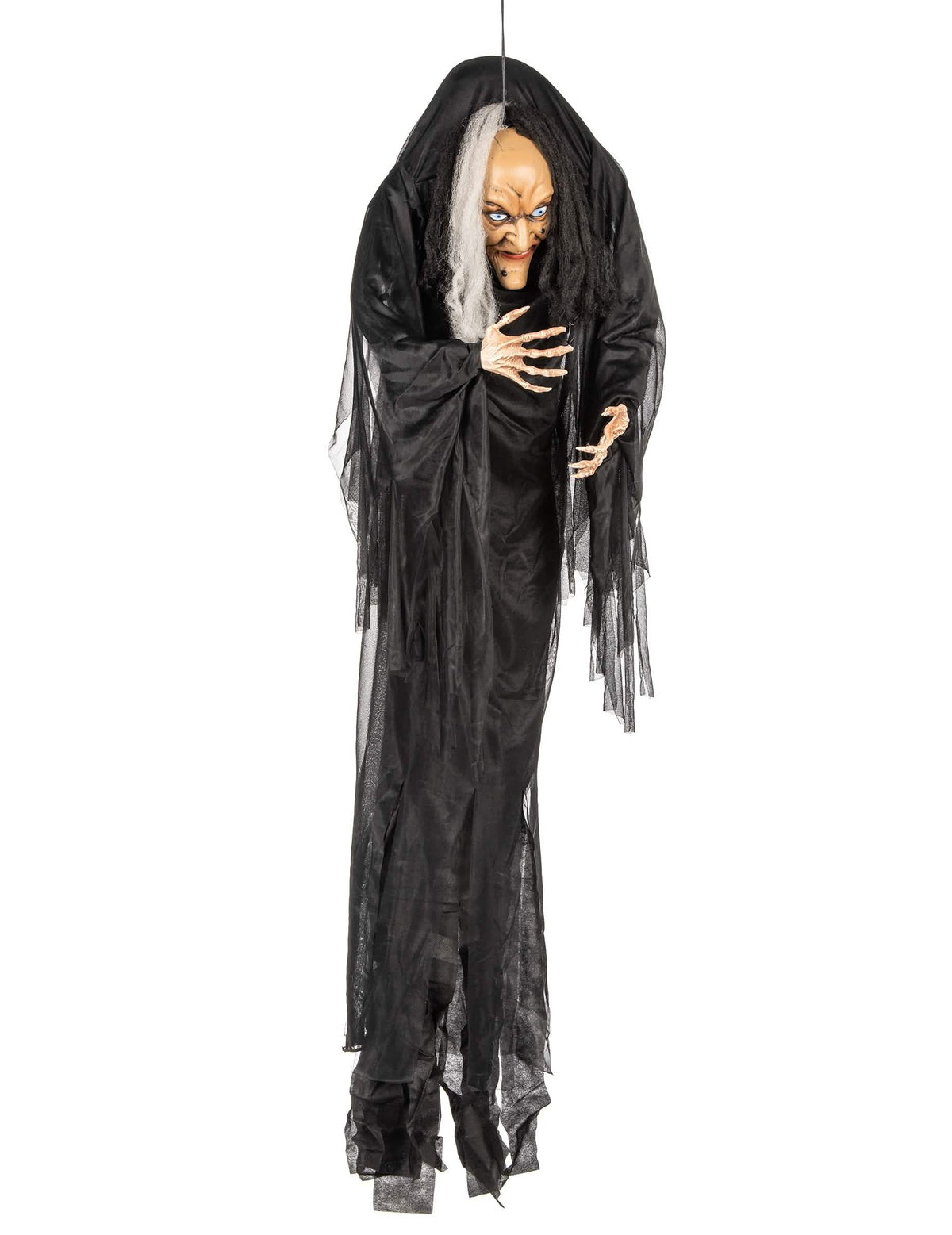 Pohled zepředu na černobílou závěsnou dekoraci čarodějnice pro halloween