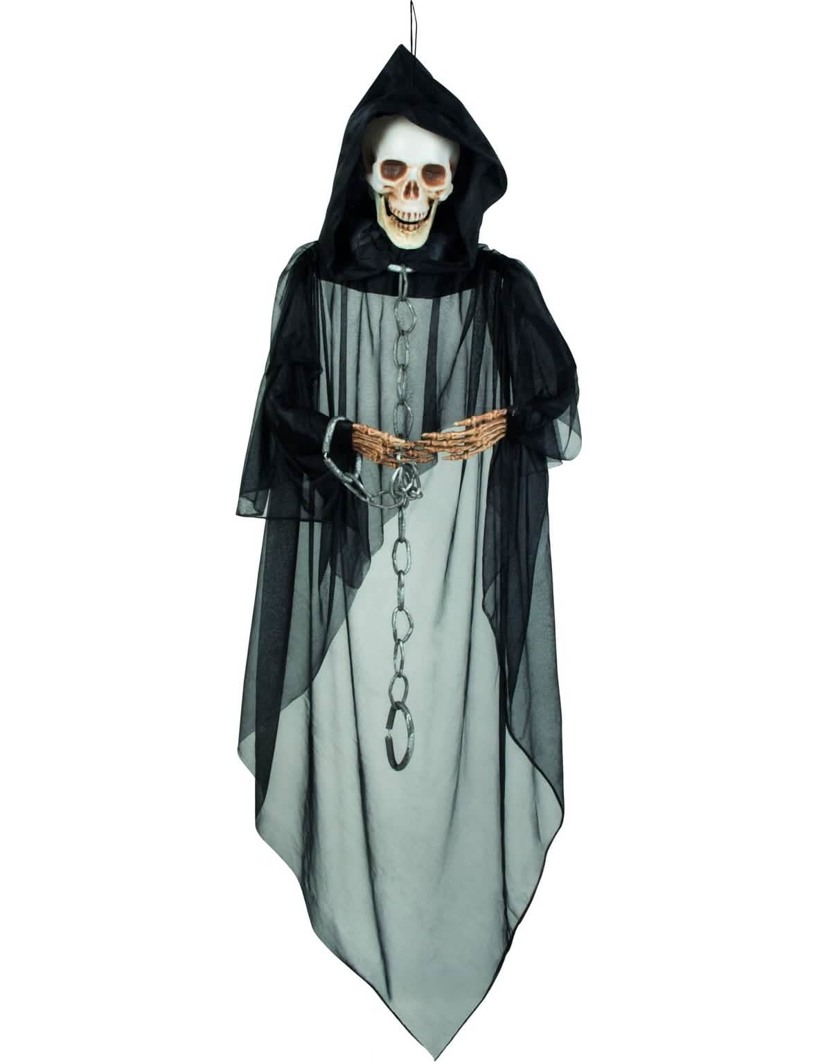 Závěsná dekorace kostra v řetězech pro halloween černá se závojem a řetězy