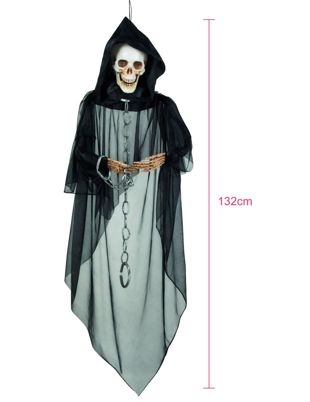 Pohled zepředu na závěsnou dekoraci - spoutaná kostra na halloween