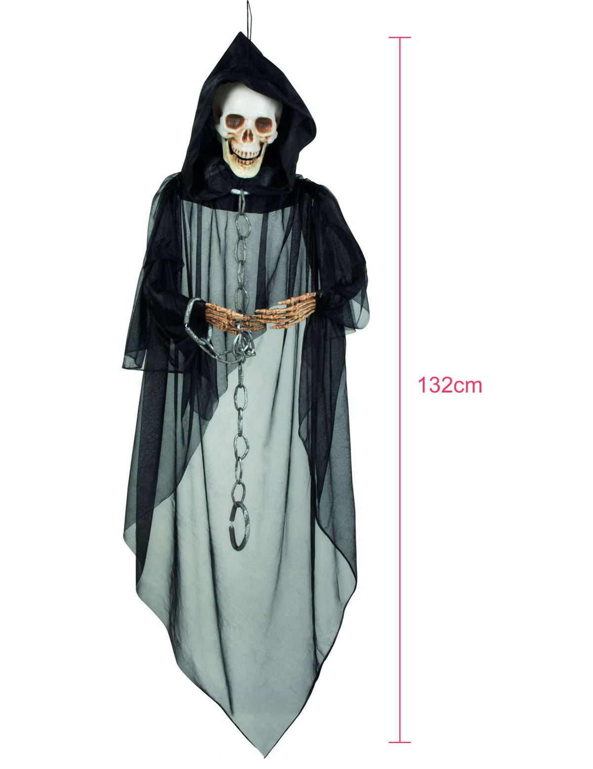Pohled zepředu na závěsnou dekoraci - spoutaná kostra na halloween