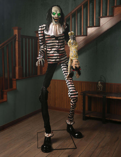 Animovaná dekorace Děsivý klaun s visícím dítětem s pohyby a světly 2,15 m