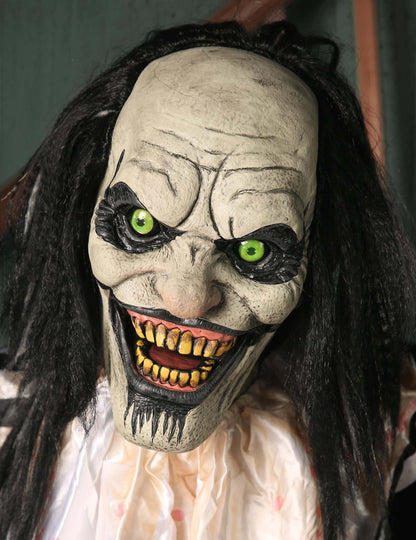 Animovaná dekorace Děsivý klaun s visícím dítětem s pohyby a světly 2,15 m