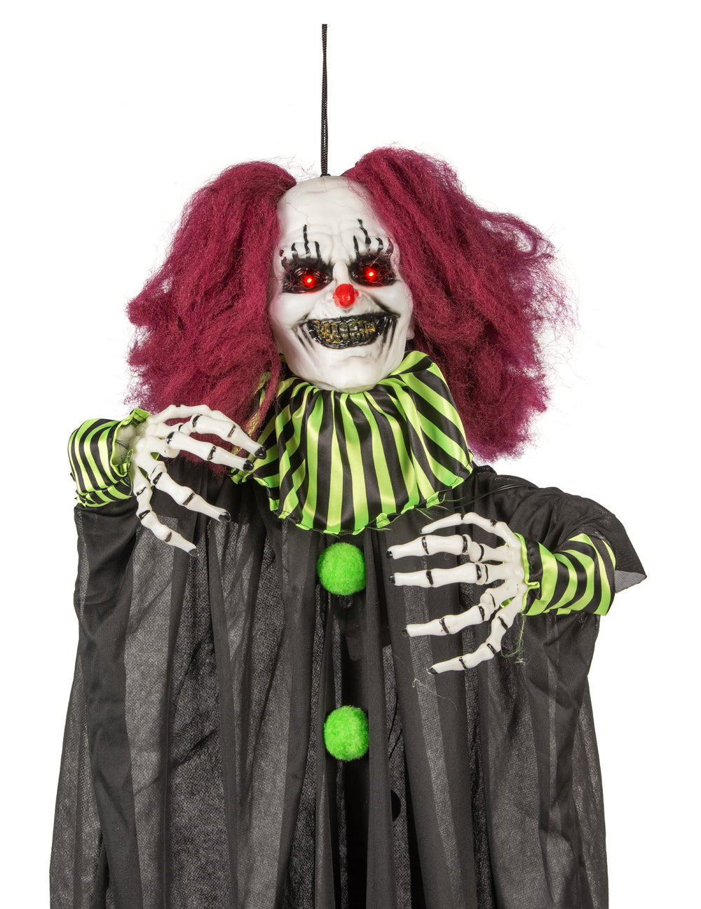 Gros plan sur le visage et les mains de la Décoration animée Clown Terrifiant