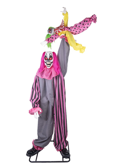 Animovaná a zvuková dekorace strašidelný klaun držící dívku 210 cm