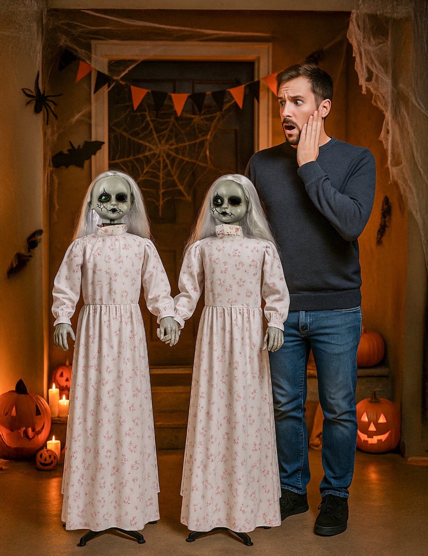 Décoration animée et sonore jumelles terrifiantes pour Halloween avec robes blanches à fleurs et cheveux gris