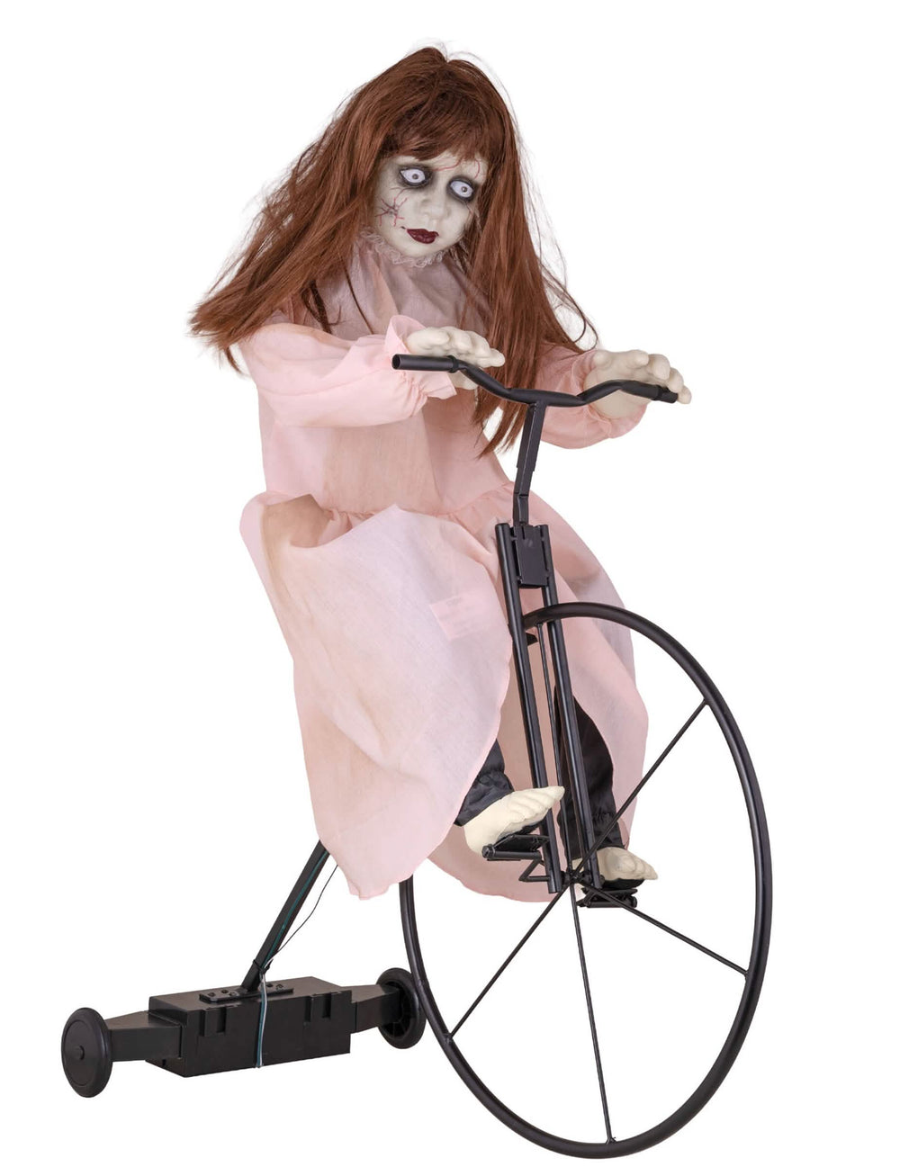 animovaná dekorace posedlé dívenky na kole pro halloween růžová šaty s pohybem
