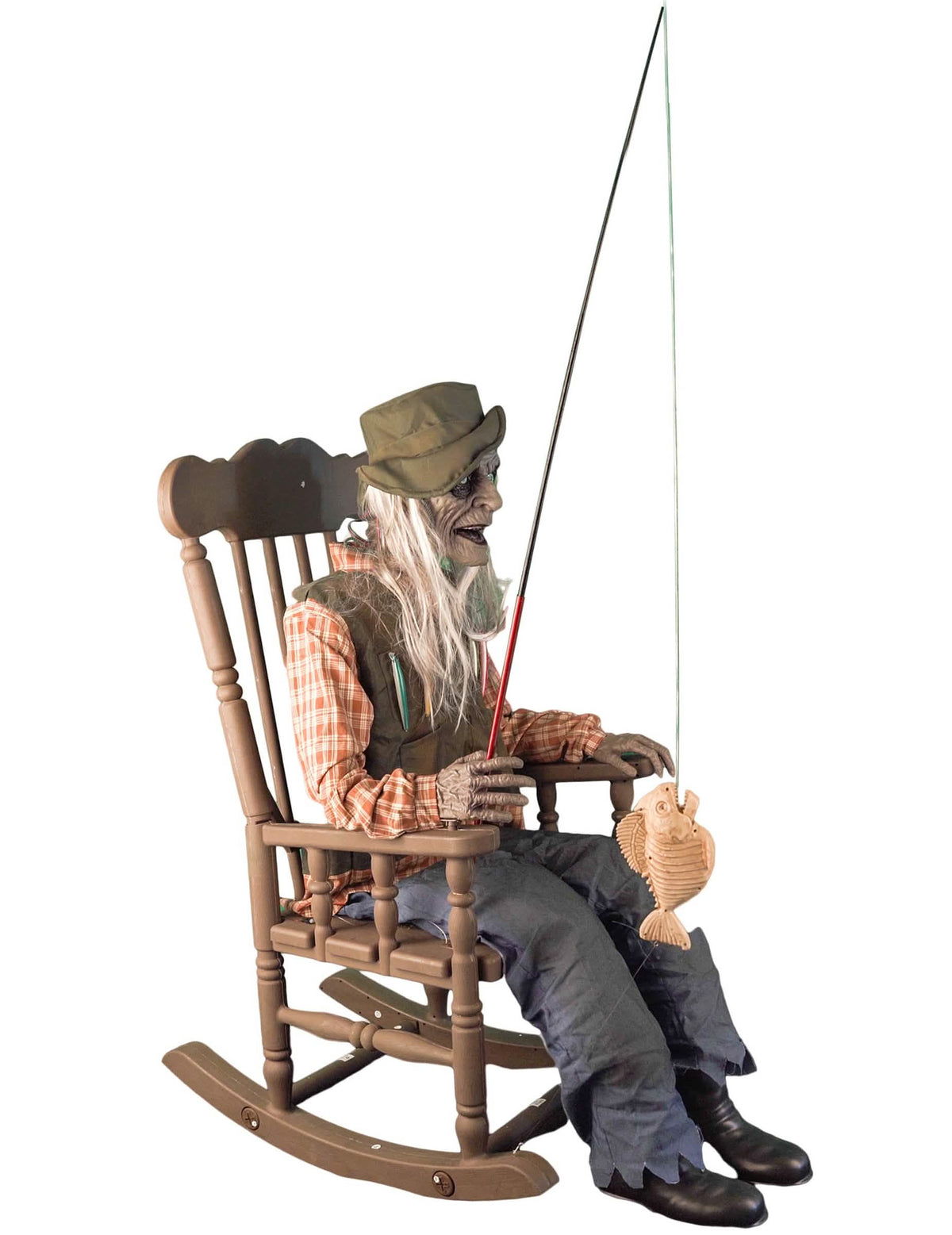 Animovaná dekorace strašidelného rybáře na houpacím křesle s pohybem 67 x 95 x 185 cm