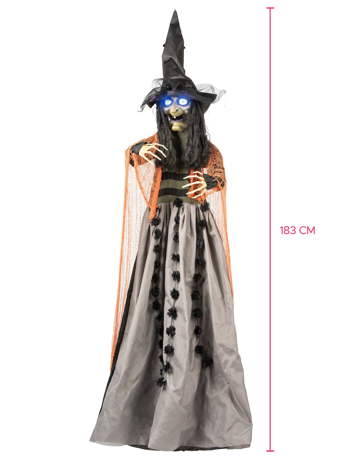 Animovaná, zvuková a světelná závěsná dekorace čarodějnice 183 cm