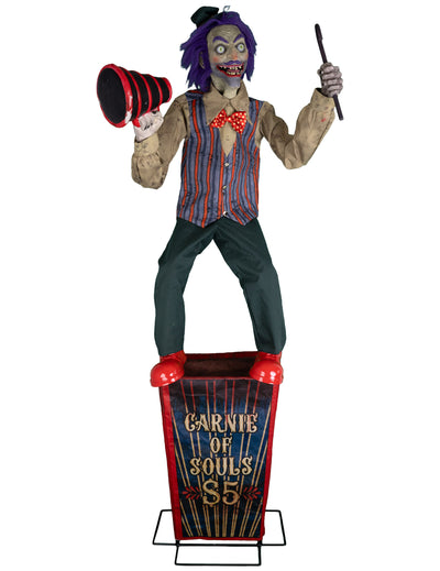 Décoration animée squelette parlant pour Halloween avec mégaphone et boîte Carnie of Souls