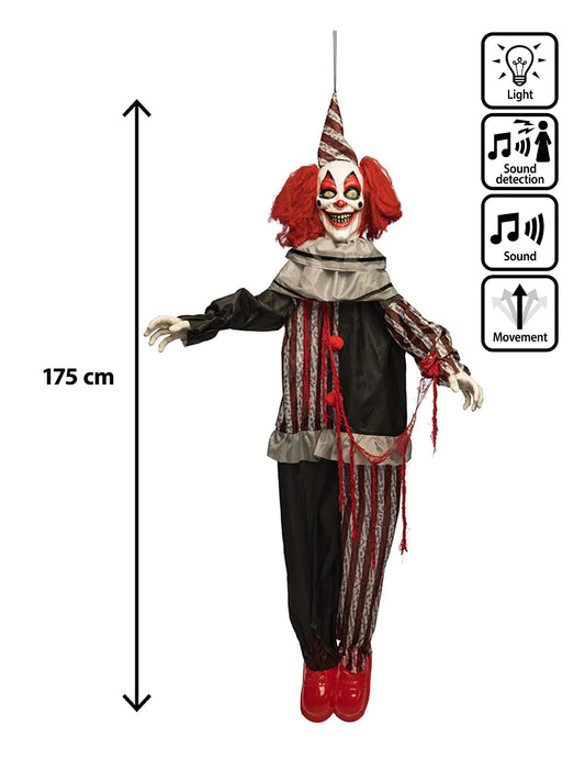 Závěsná animovaná dekorace zlý klaun se smíchem a pohyby 175 cm